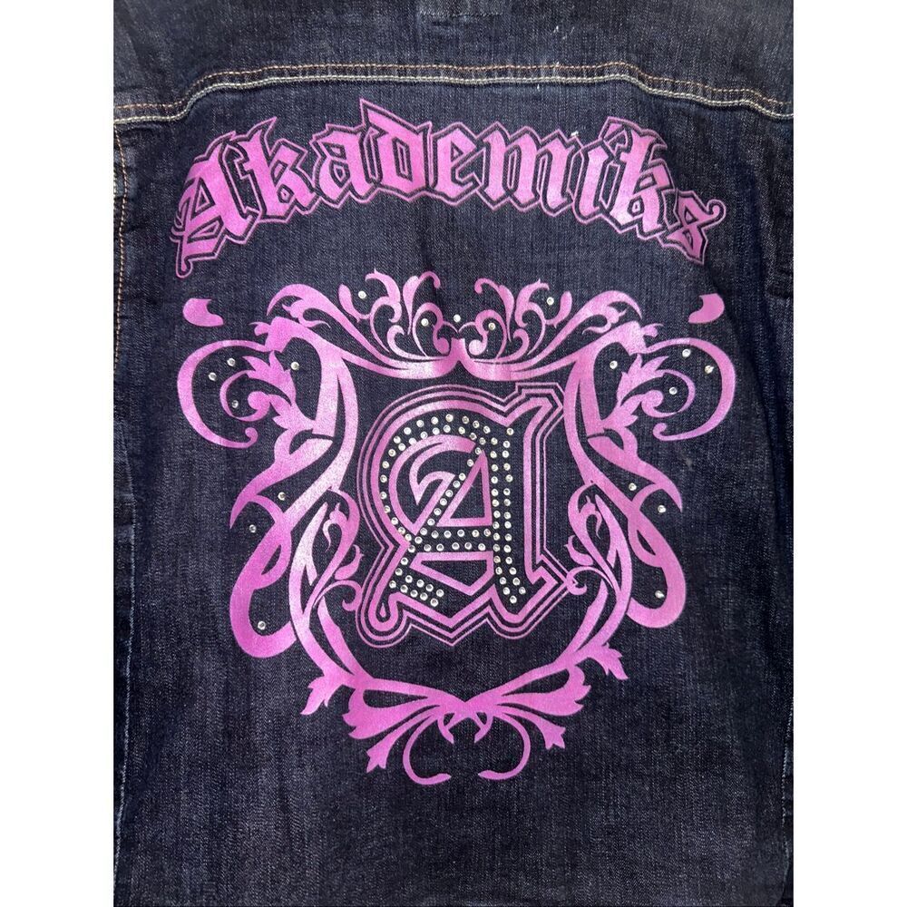 Vintage AKDMKS Akademiks junior full cover pink logo Blue denim Jean trucker Jac